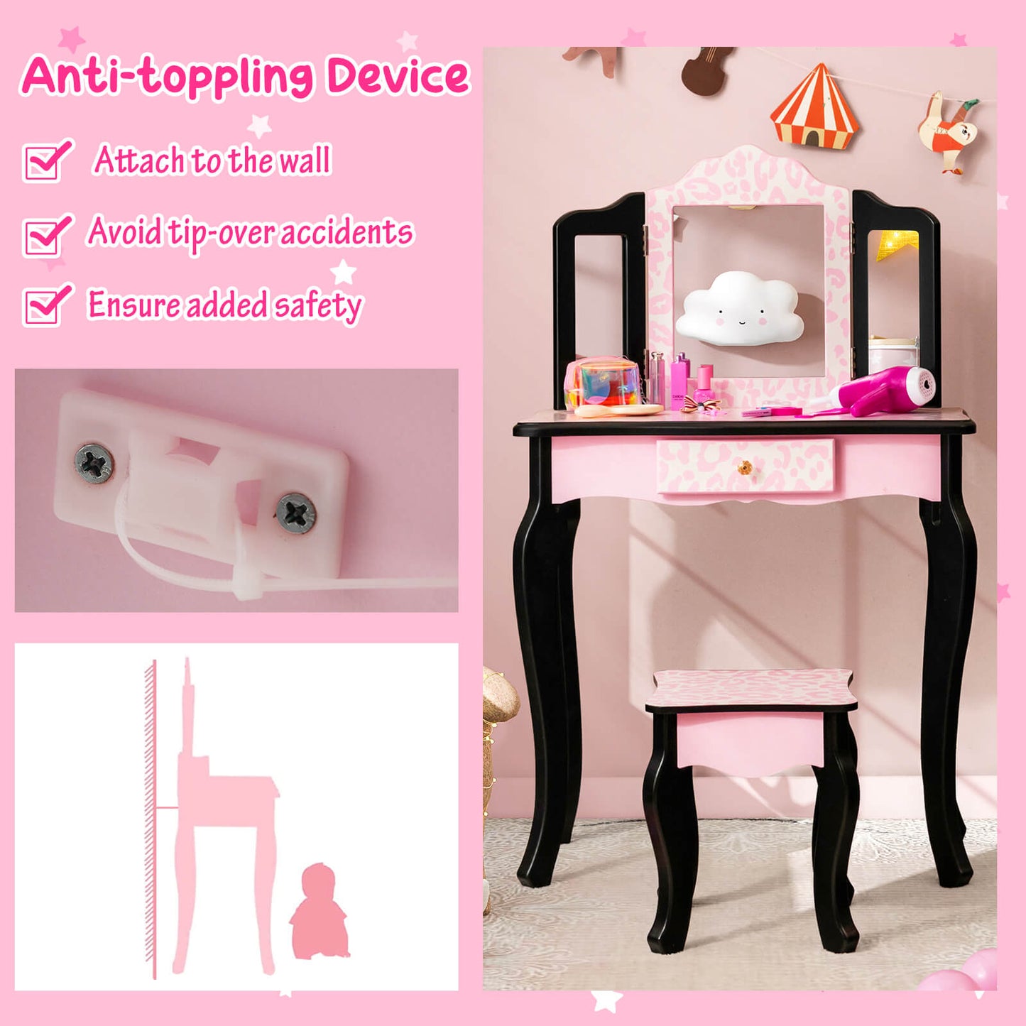 Kid Vanity Set with Folding Leopard Print Mirror in pink, black legs DirectDeals on Tampa Home & Garden Store