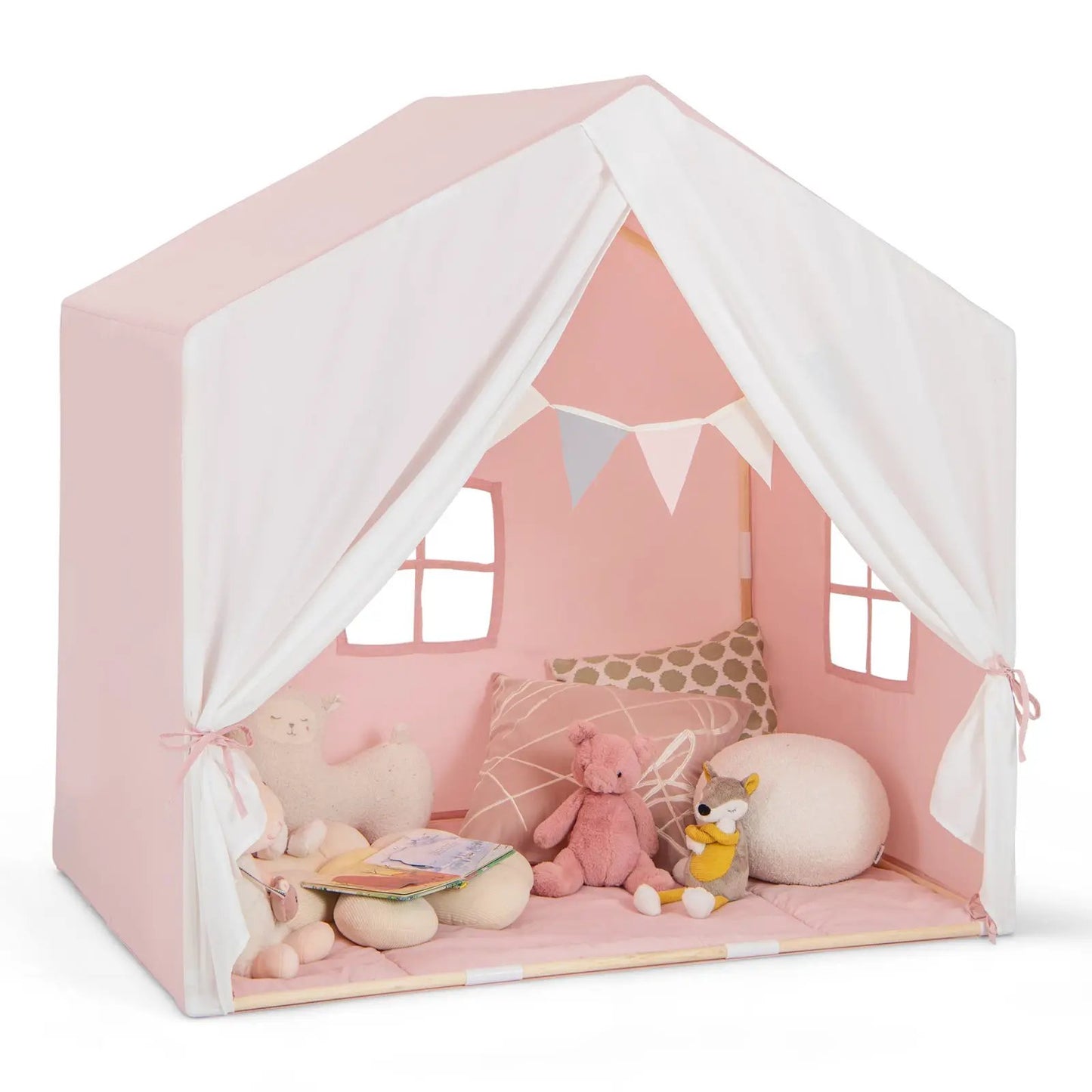 Kids Play Tent pink with white curtains, washable cotton mat, pastel flag banner DirectDeals on Tampa Home & Garden Store