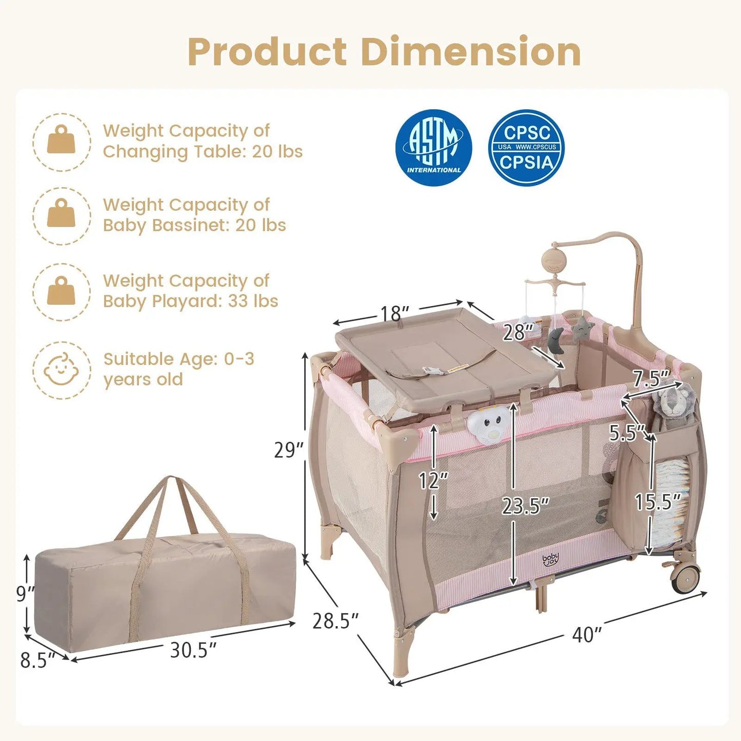 DirectDeals Baby Playard with Bassinet and Changing Table, beige with pink trim on Tampa Home & Garden Store