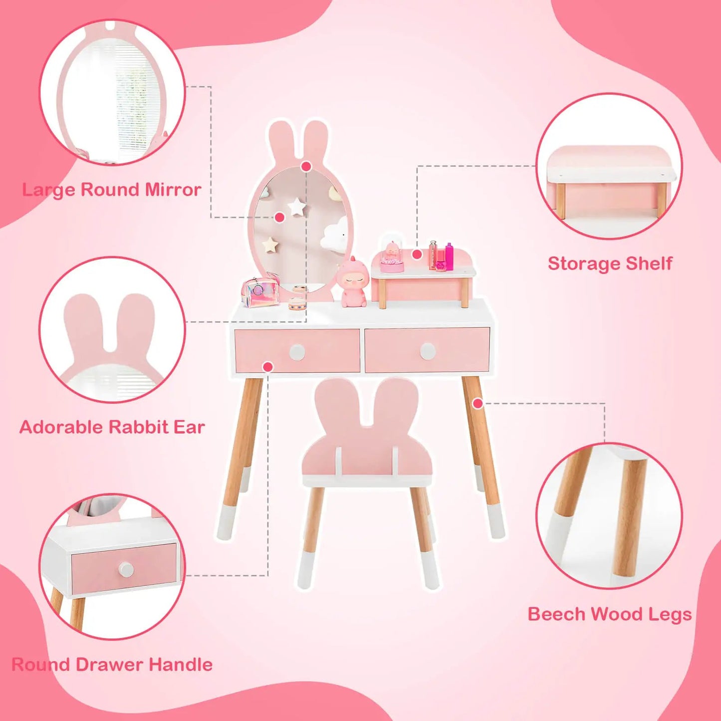 Vanity table and chair set with rabbit mirror in pink and white, beech wood legs on Tampa Home & Garden Store