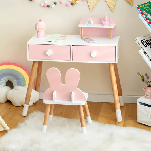 Vanity table and bunny-back chair with rabbit mirror, pink drawers on Tampa Home & Garden Store