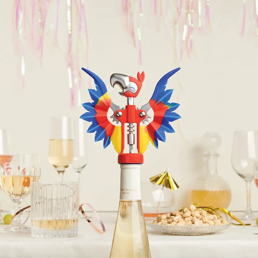 Pinot wine bottle opener by OTOTO DESIGN with colorful parrot-wing lever corkscrew on Tampa Home & Garden Store
