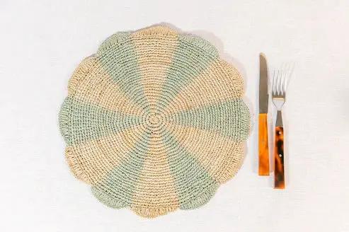 Round pinwheel crochet placemat in blue raffia by Payton James for table tops on Tampa Home & Garden Store