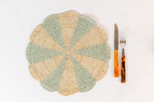 Round pinwheel crochet placemat in blue raffia by Payton James for table tops on Tampa Home & Garden Store