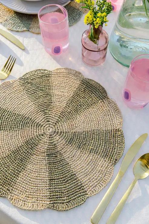 Pinwheel Olive Placemat, round raffia table top decor on Tampa Home & Garden Store