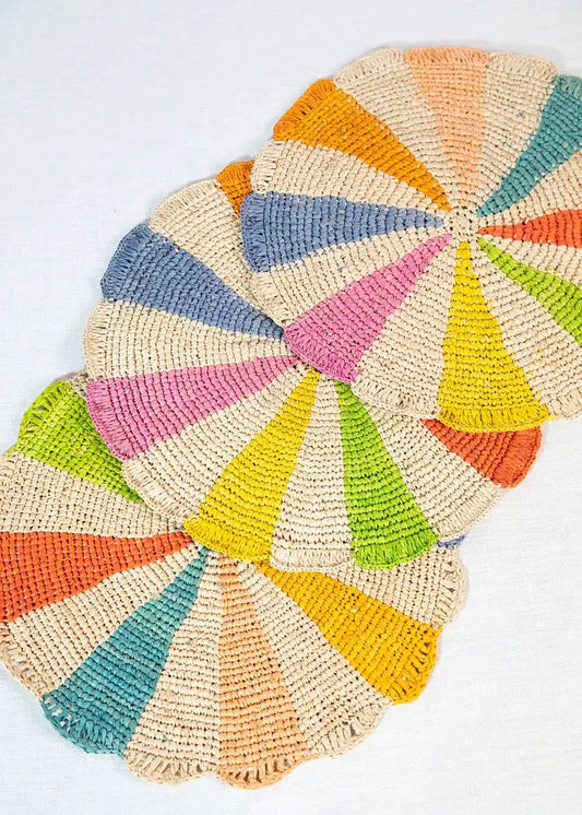 Pinwheel crochet placemat set, round multicolor raffia with rainbow wedges for table tops on Tampa Home & Garden Store