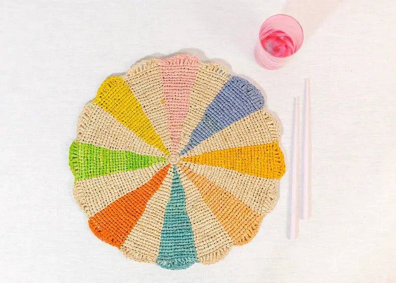 Pinwheel crochet placemat in multicolor raffia, round table top by Payton James on Tampa Home & Garden Store