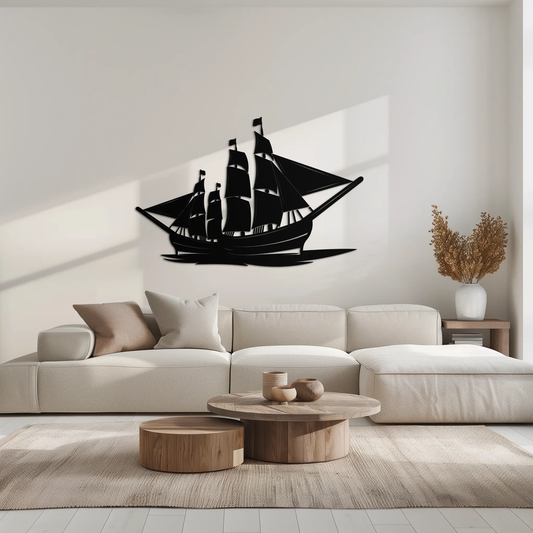 Pirate Ship Metal Wall Art black silhouette, modern nautical decor above beige sofa in living room on Tampa Home & Garden Store