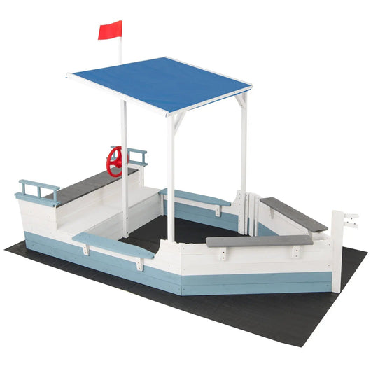 Pirate ship sandbox with blue canopy, white frame and bench seats on Tampa Home & Garden Store