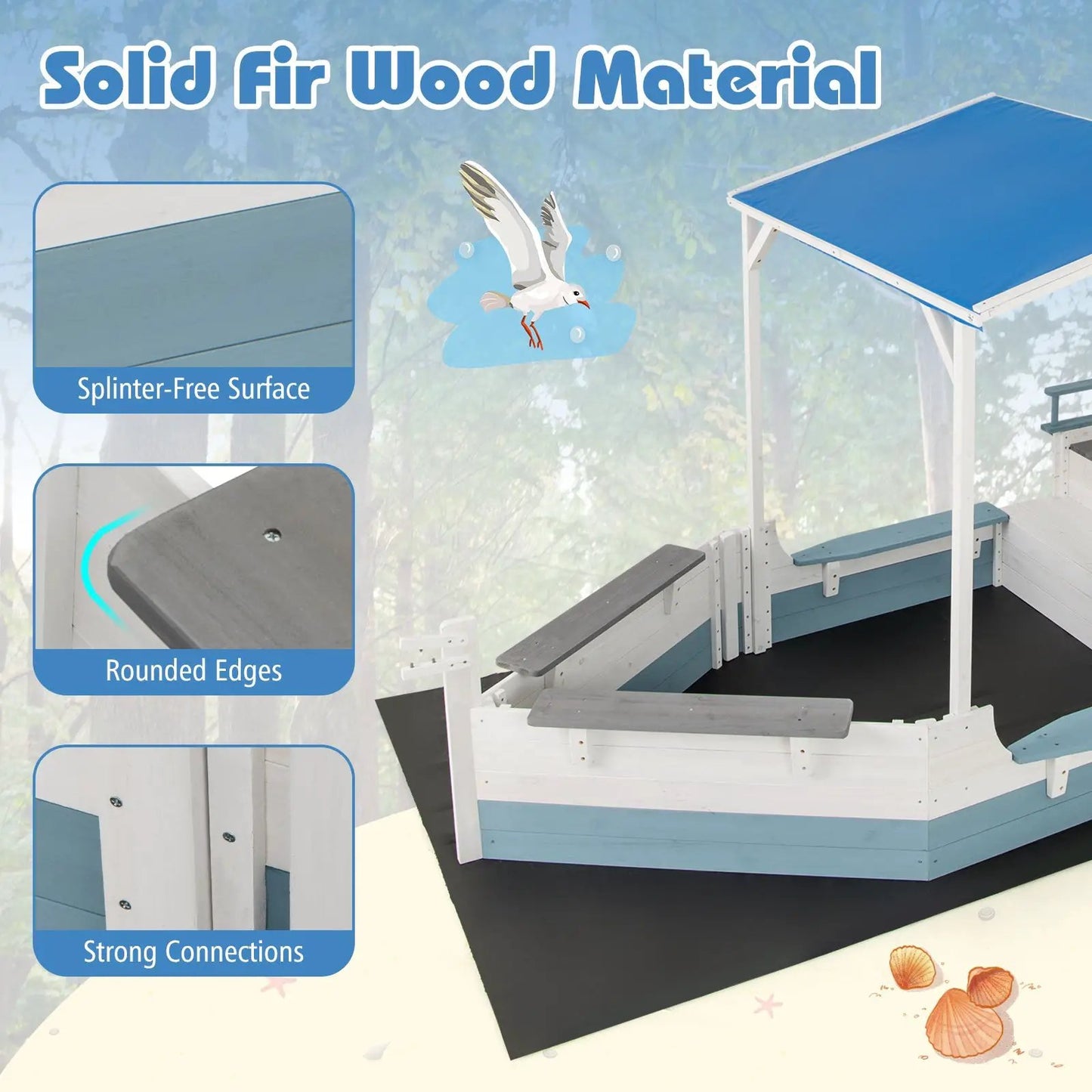 Pirate Ship Sandbox with Canopy and Bench Seats white and blue DirectDeals on Tampa Home & Garden Store