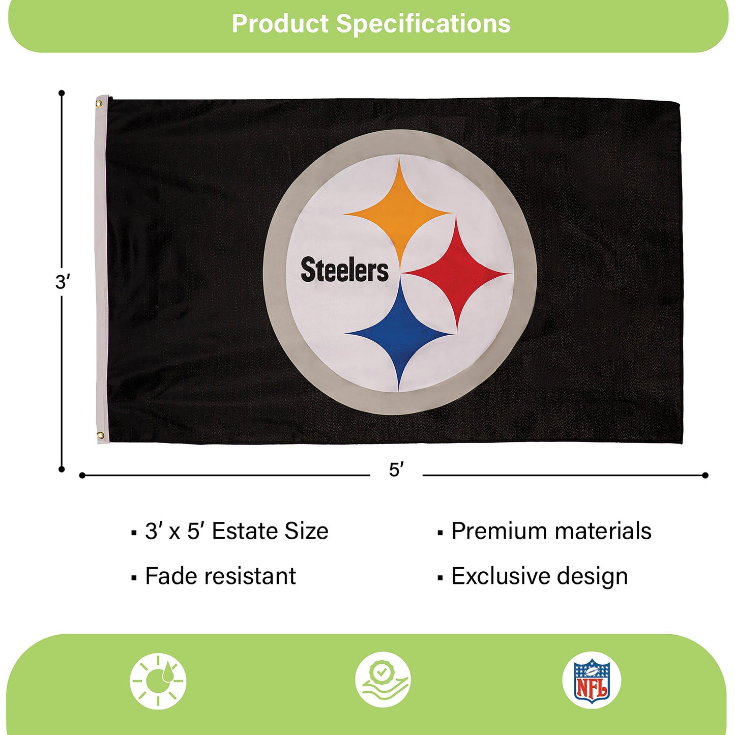Pittsburgh Steelers Single Sided Estate Flag with 2 Grommets, 3'x5' - Tampa Home & Garden Store