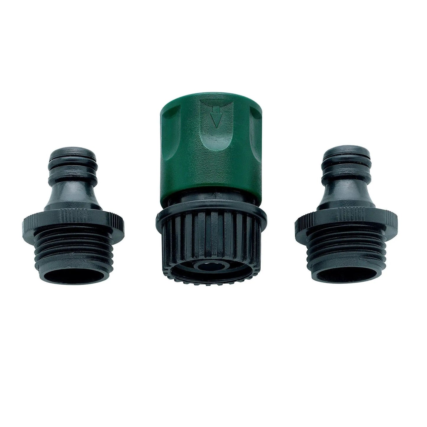Orbit Plastic Garden Hose Quick Connect Set with green plastic body and black hose end caps on Tampa Home & Garden Store