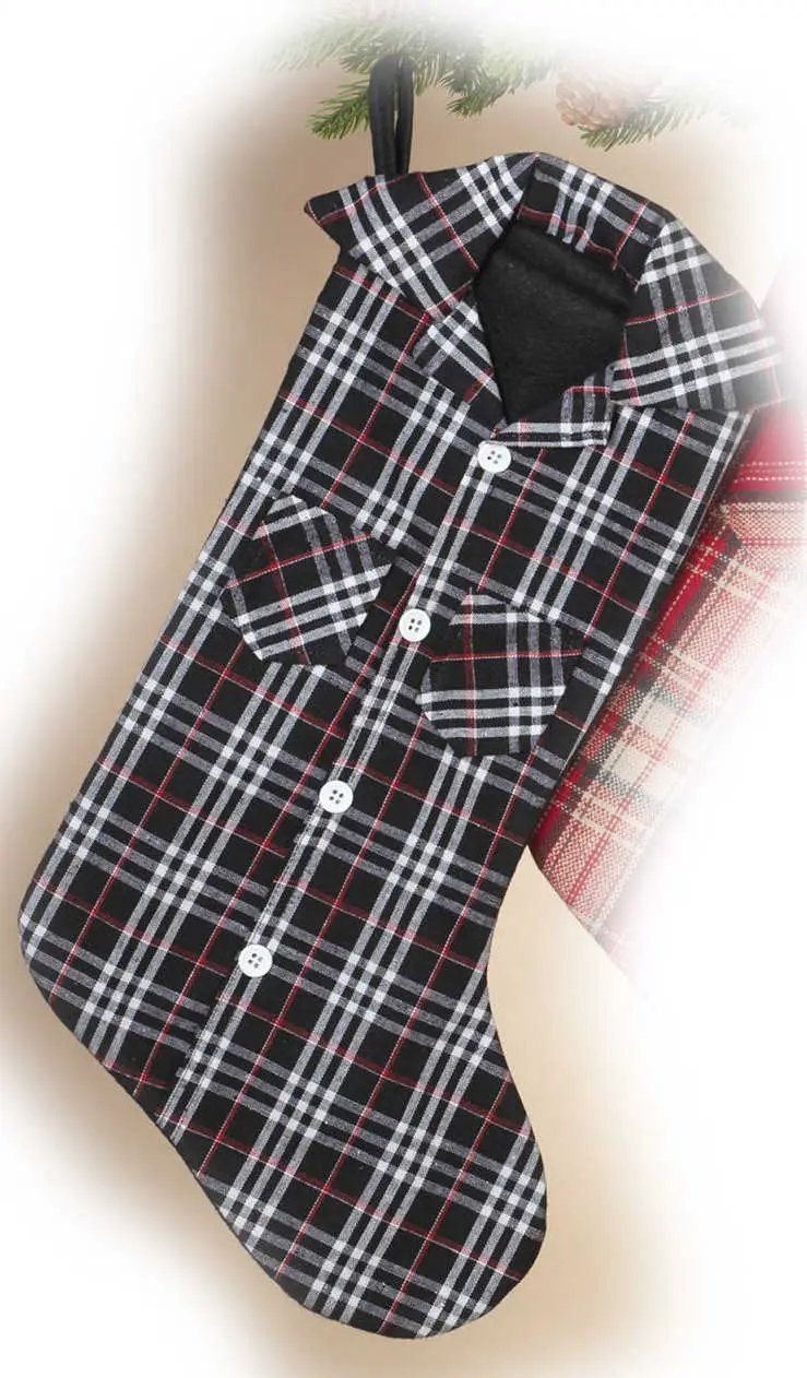 20 Inch plaid lumberjack shirt stocking black with white buttons and collar for rustic Christmas decor on Tampa Home & Garden Store