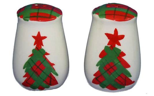 Plaid Christmas salt and pepper shaker set, hand-painted ceramic with green and red trees on Tampa Home & Garden Store
