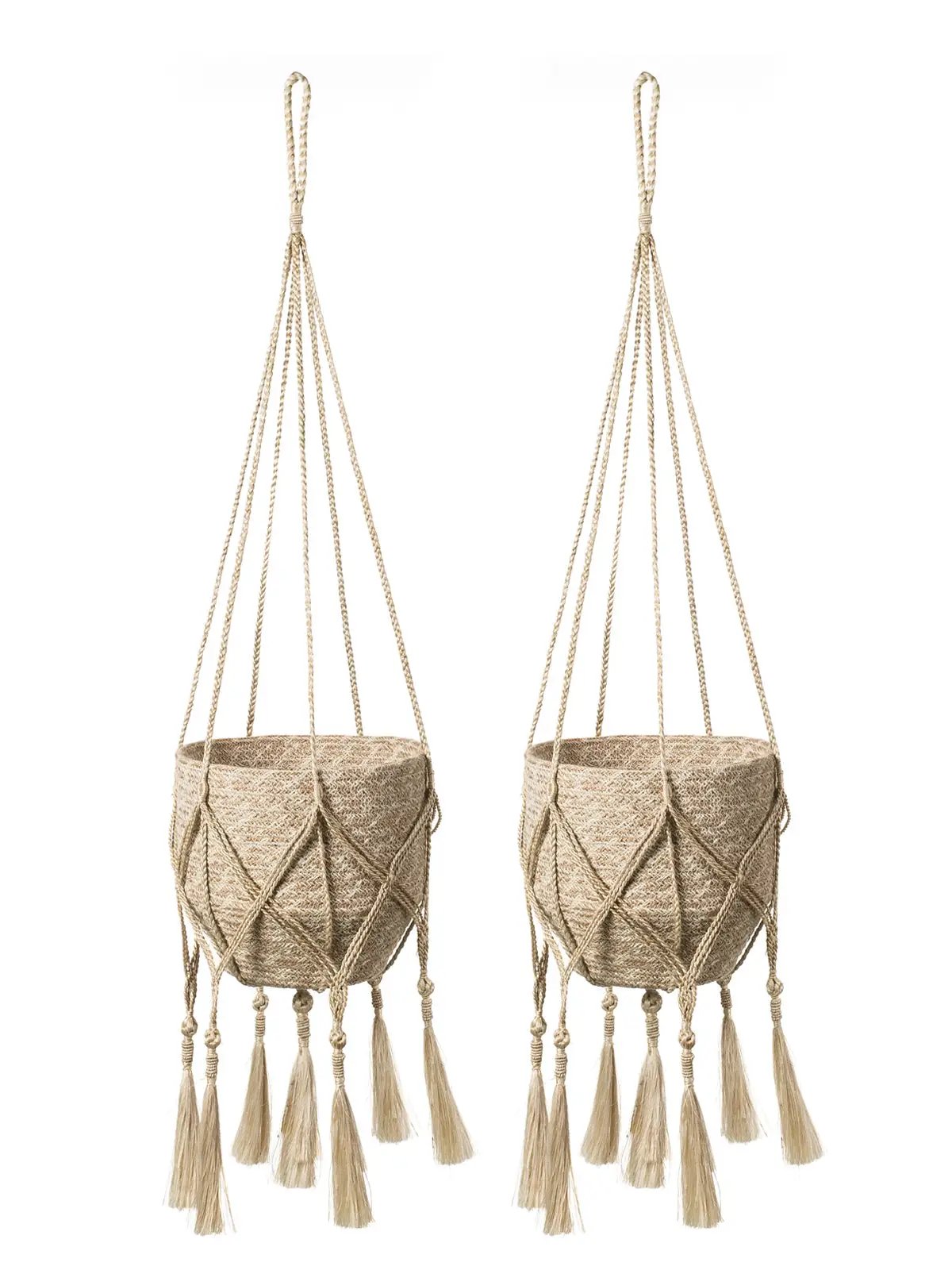 Bitan natural jute plant hanger by KORISSA with knotted base; pair planters with tassels on Tampa Home & Garden Store