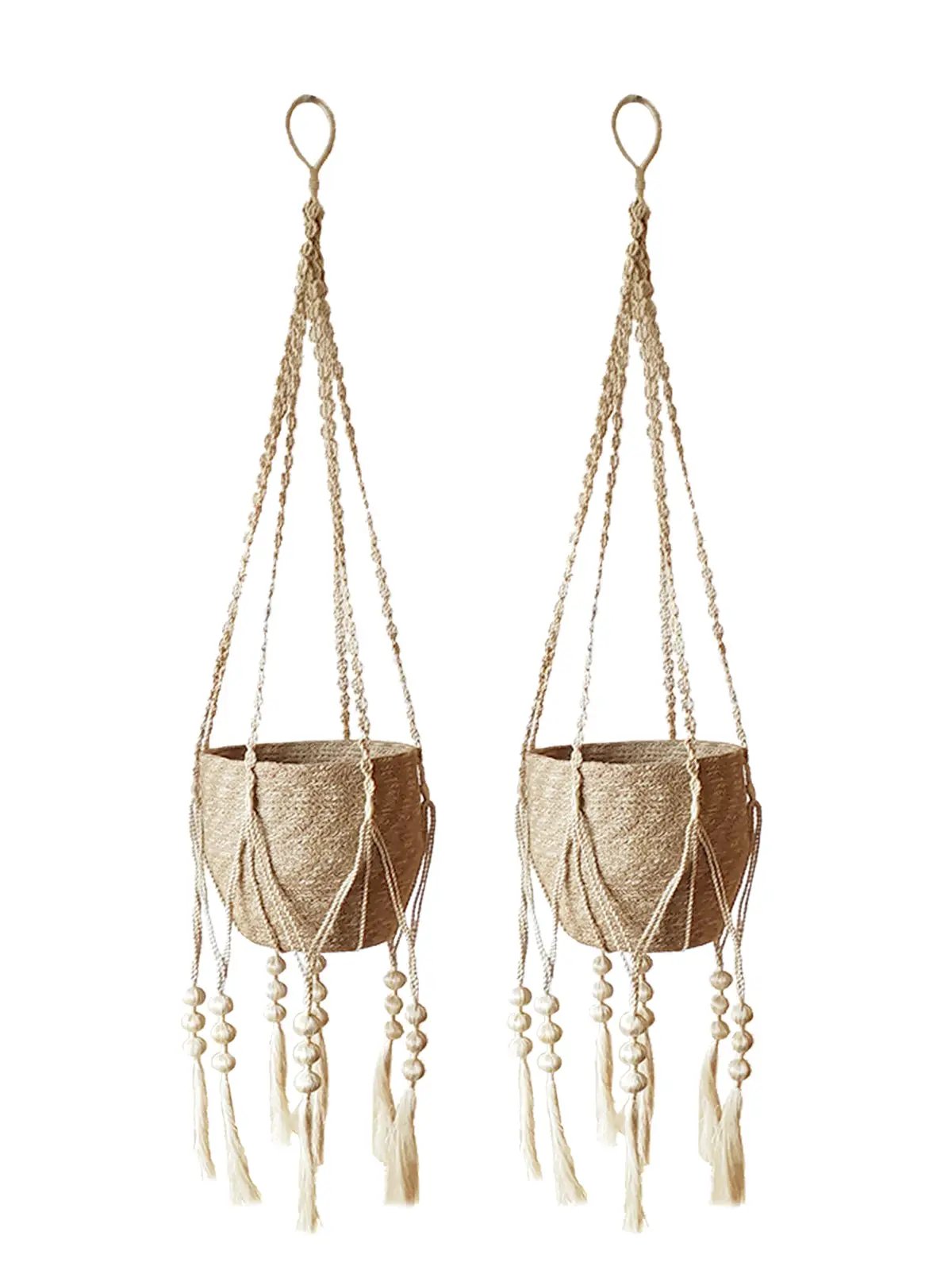 Pair of Fiora Plant Hangers in natural jute decor with braided cords and bead tassels on Tampa Home & Garden Store