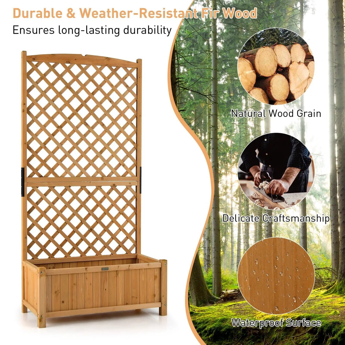 Planter raised bed trellis for climbing plants in warm orange wood with lattice panels on Tampa Home & Garden Store