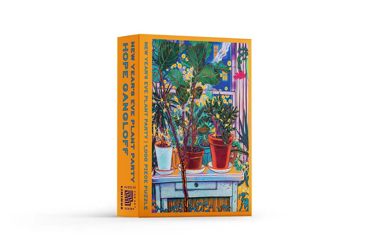 New Year’s Eve Plant Party 1,000-piece puzzle box orange with botanical Lininus Puzzles on Tampa Home & Garden Store