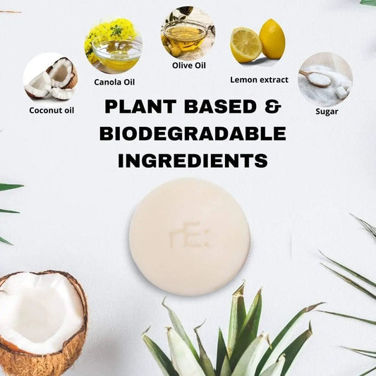 Plastic Free Dish Soap Bar with Natural Loofah, beige round soap on white background on Tampa Home & Garden Store