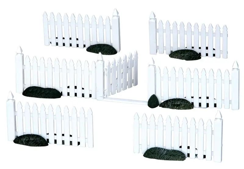 Plastic white picket fence 7-piece set for holiday village displays with rock bases on Tampa Home & Garden Store