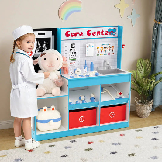 Wooden Play Doctors Office Care Center Toy Set in blue with medical tools and exam station on Tampa Home & Garden Store
