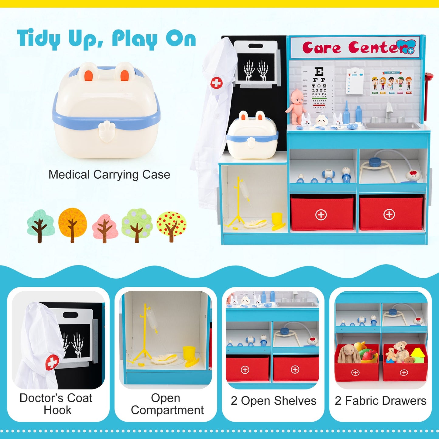 Play Doctors Office Wood Medical Center Toy Set by DirectDeals with red fabric drawers on Tampa Home & Garden Store