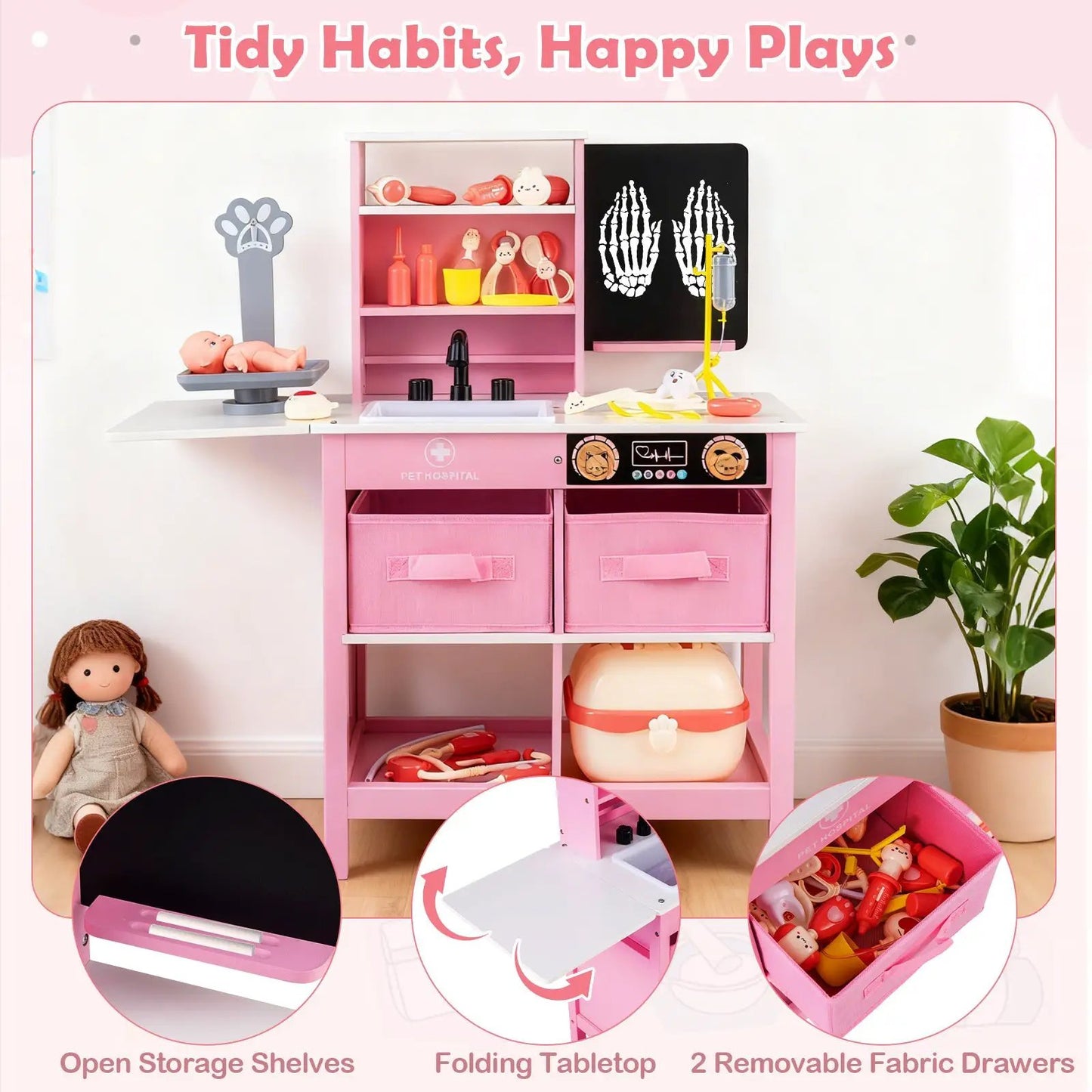Play Doctor's Office Toy Set with Blackboard, pink wooden medical playset with open shelves on Tampa Home & Garden Store