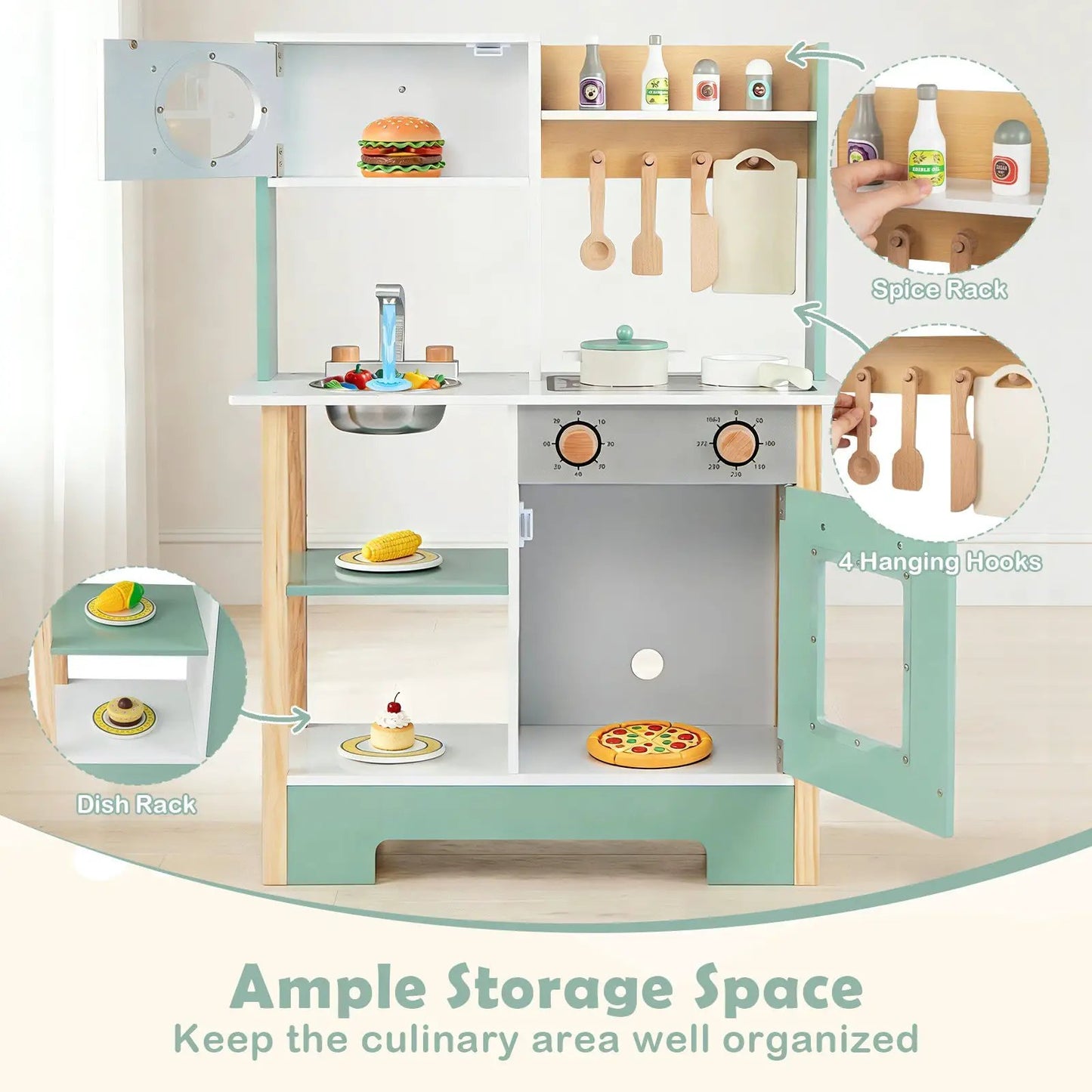 Wooden toy kitchen playset with chalkboard and pastel green accents, includes spice rack on Tampa Home & Garden Store