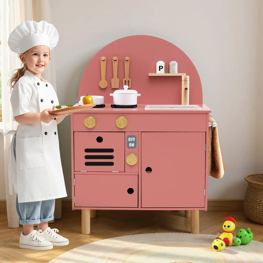Kids wooden play kitchen with stove and oven in pink, hanging wooden utensils DirectDeals on Tampa Home & Garden Store