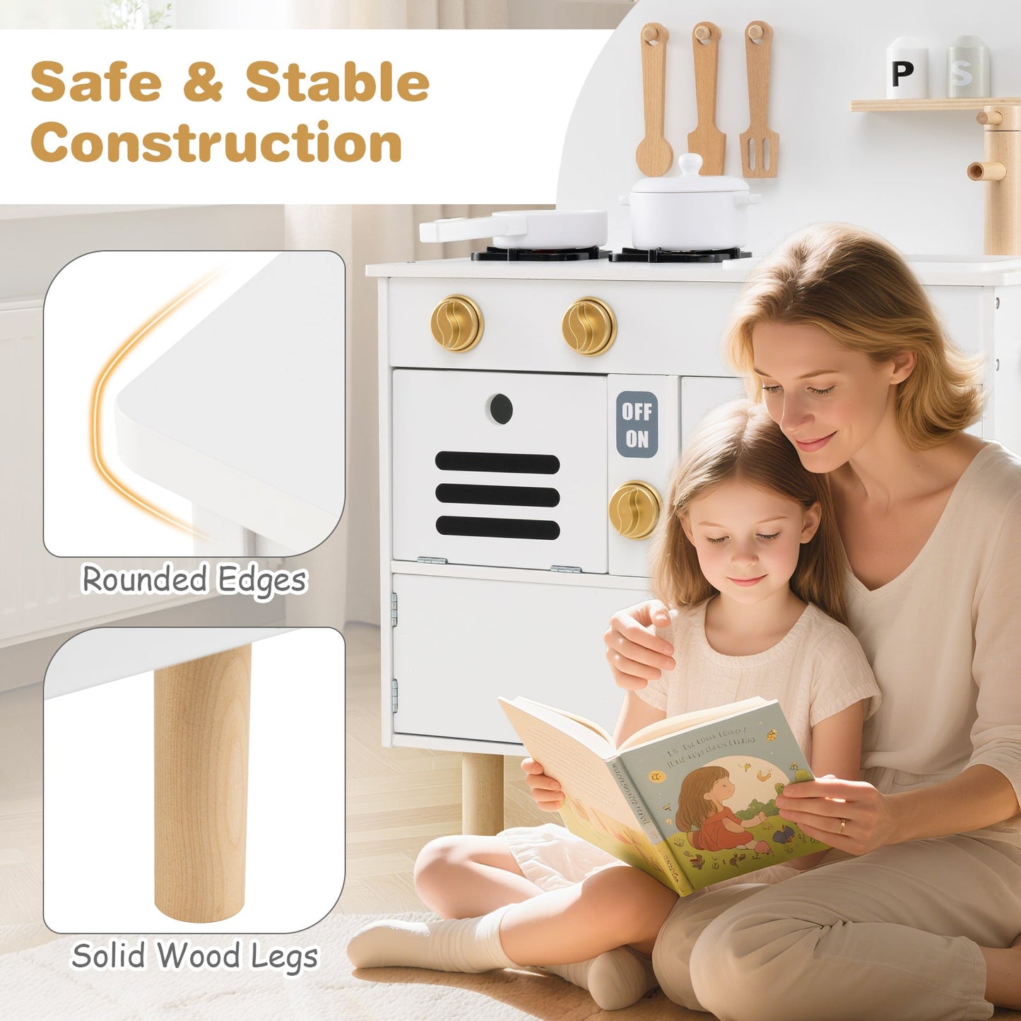 Kids Wooden Play Kitchen with Stove and Oven, white wood, gold knobs, toy kitchen on Tampa Home & Garden Store