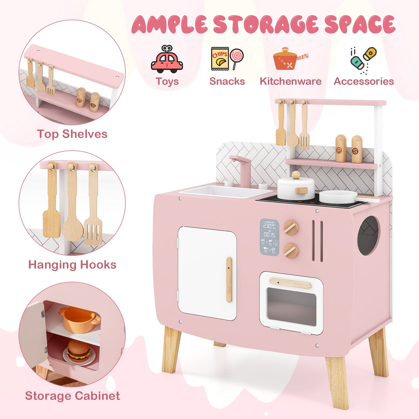 Pink wooden kids kitchen playset with stove, sink, oven and hanging utensils on Tampa Home & Garden Store