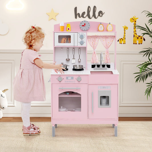 Play Kitchen for Kids Wooden Chef Pretend Playset with 3 Adjustable Heights Microwave - Tampa Home & Garden Store