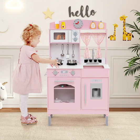 Pink Kids Kitchen Playset with Adjustable Heights by DirectDeals; stove, sink, microwave on Tampa Home & Garden Store