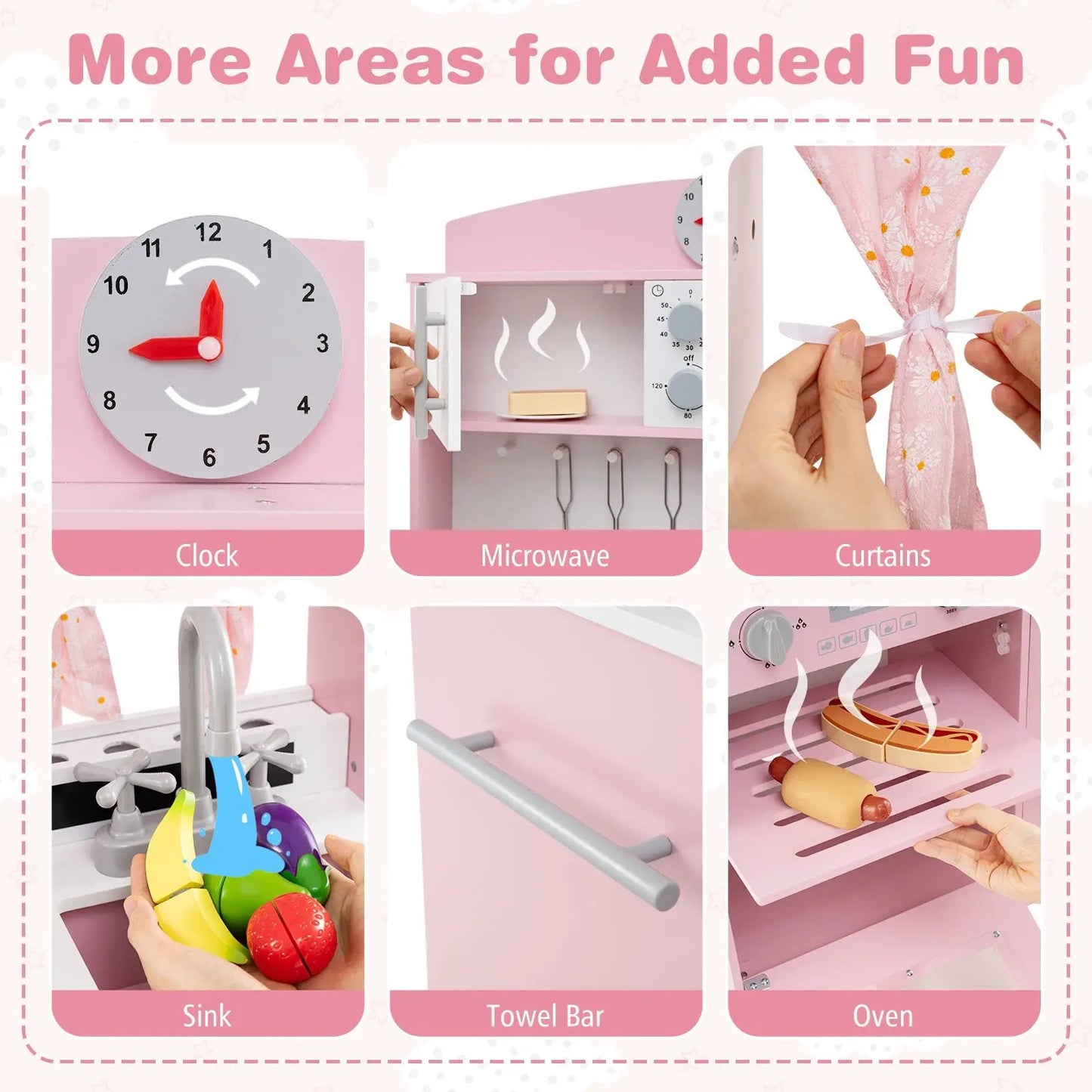 Kids Kitchen Playset with Adjustable Heights pink toy kitchen with clock microwave sink curtains on Tampa Home & Garden Store