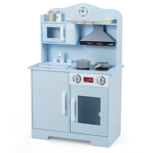 Wooden play kitchen set with range hood and microwave in light blue by DirectDeals on Tampa Home & Garden Store
