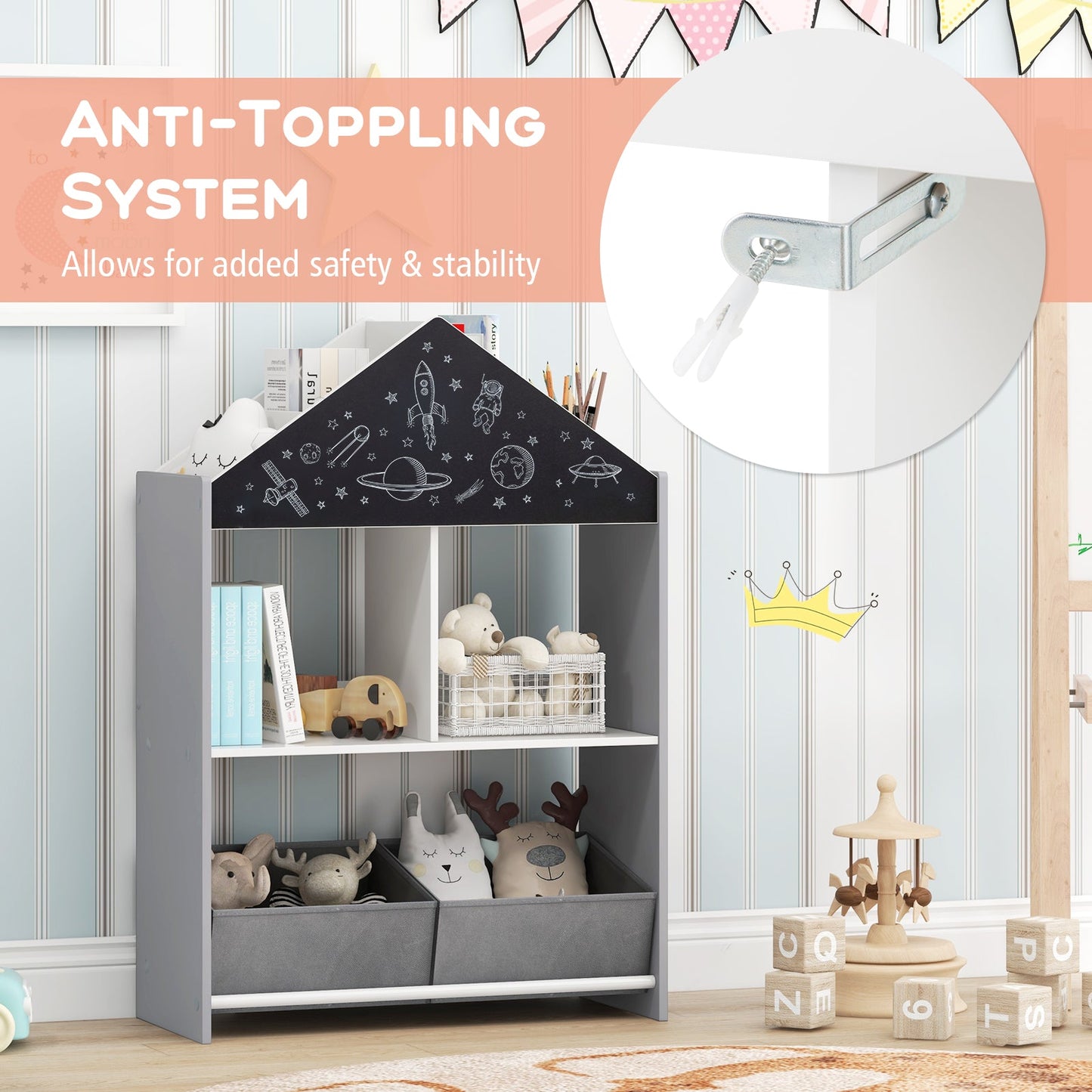 DirectDeals Playhouse Bookshelf with chalkboard and whiteboard in gray, kid storage bins on Tampa Home & Garden Store