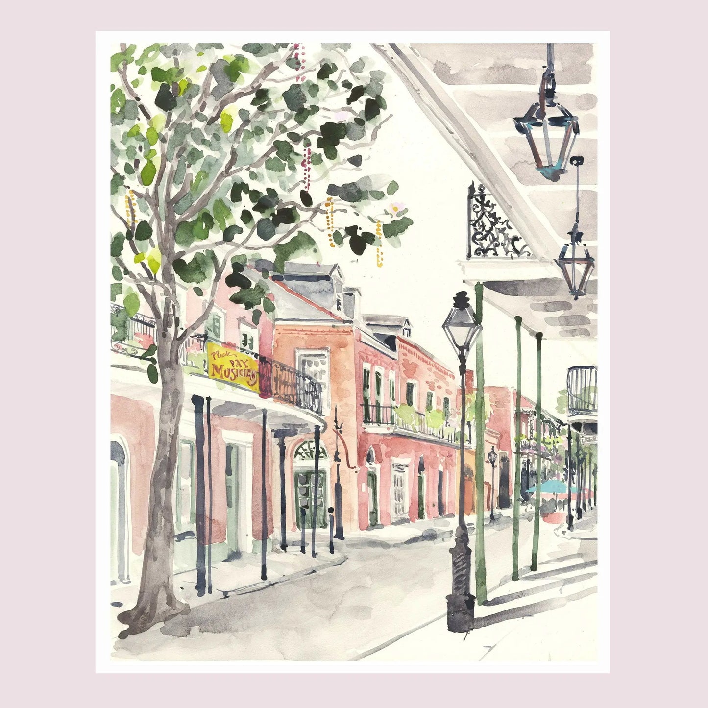 Print by Lyla Clayre Studio Please Pay Musicians at French Quarter Festival watercolor scene on Tampa Home & Garden Store