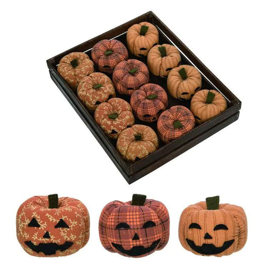 Plush jack-o'-lanterns in a black crate; 12 small and 3 large by The Country Christmas Loft on Tampa Home & Garden Store