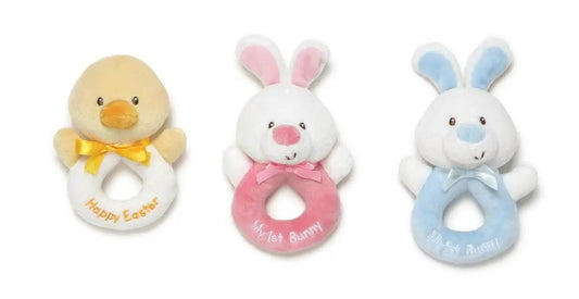 Plush Rattle trio: blue bunny, pink bunny, and yellow chick on soft rings on Tampa Home & Garden Store