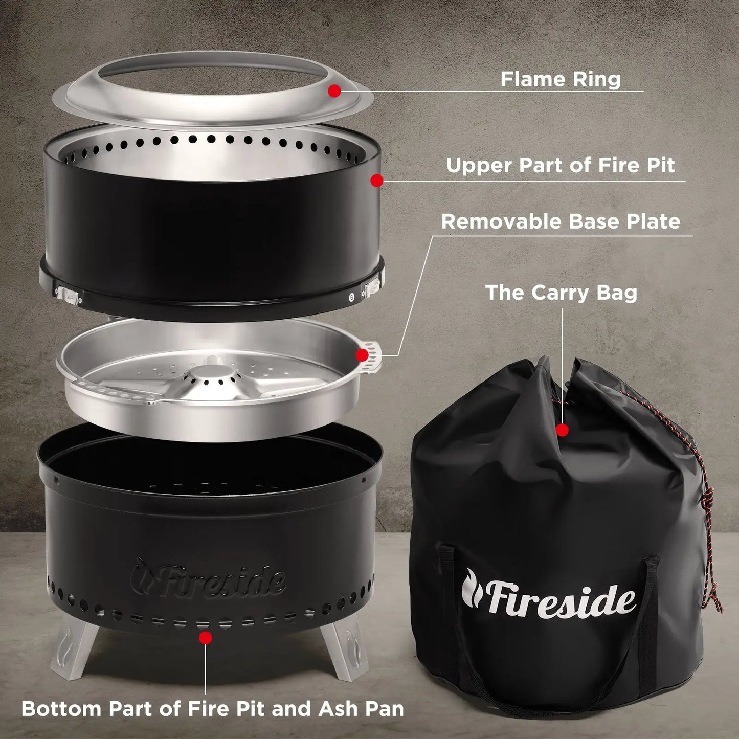 Pluto R19 PG Smokeless Outdoor Fire Pit Black exploded view with flame ring and Fireside bag on Tampa Home & Garden Store