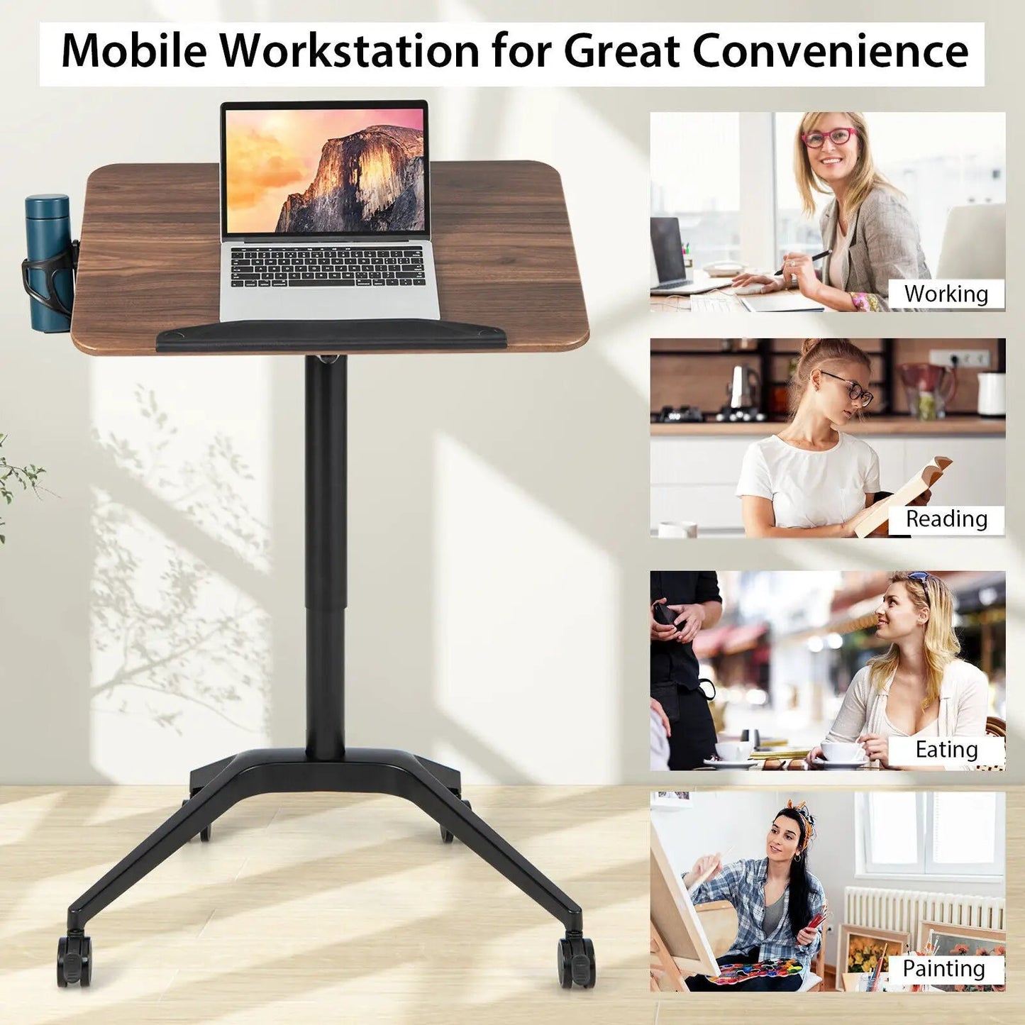 Pneumatic standing desk with cupholder and anti-fall on wood tabletop, black wheeled base on Tampa Home & Garden Store