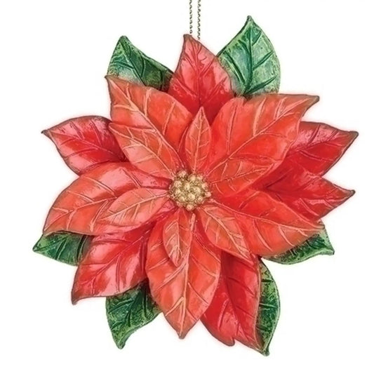 Hand Painted Poinsettia Bloom Ornament with red petals and green leaves, hanging chain on Tampa Home & Garden Store