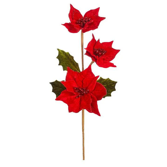 Pointsettia Spray with Glitter 22in polyester three red blooms on stem with green leaves on Tampa Home & Garden Store