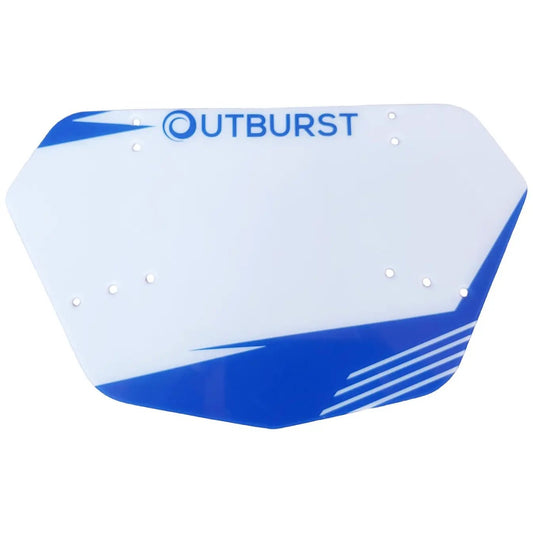 Outburst BMX Pro number plate polycarbonate, white with blue graphics and mounting holes on Tampa Home & Garden Store
