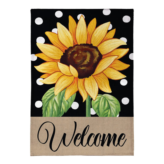 Polka Dot Sunflower Burlap Flag with sunny sunflower on black backdrop and white polka dots on Tampa Home & Garden Store