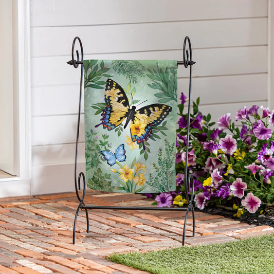 Pollinator Garden Monarch Butterfly Suede Flag with green foliage on metal stand Evergreen on Tampa Home & Garden Store