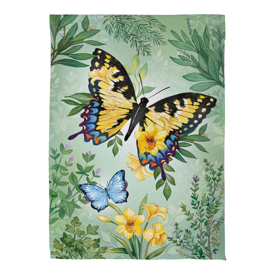 Pollinator Garden Butterfly Florals Suede Flag Evergreen Enterprises; green botanical butterflies on Tampa Home & Garden Store