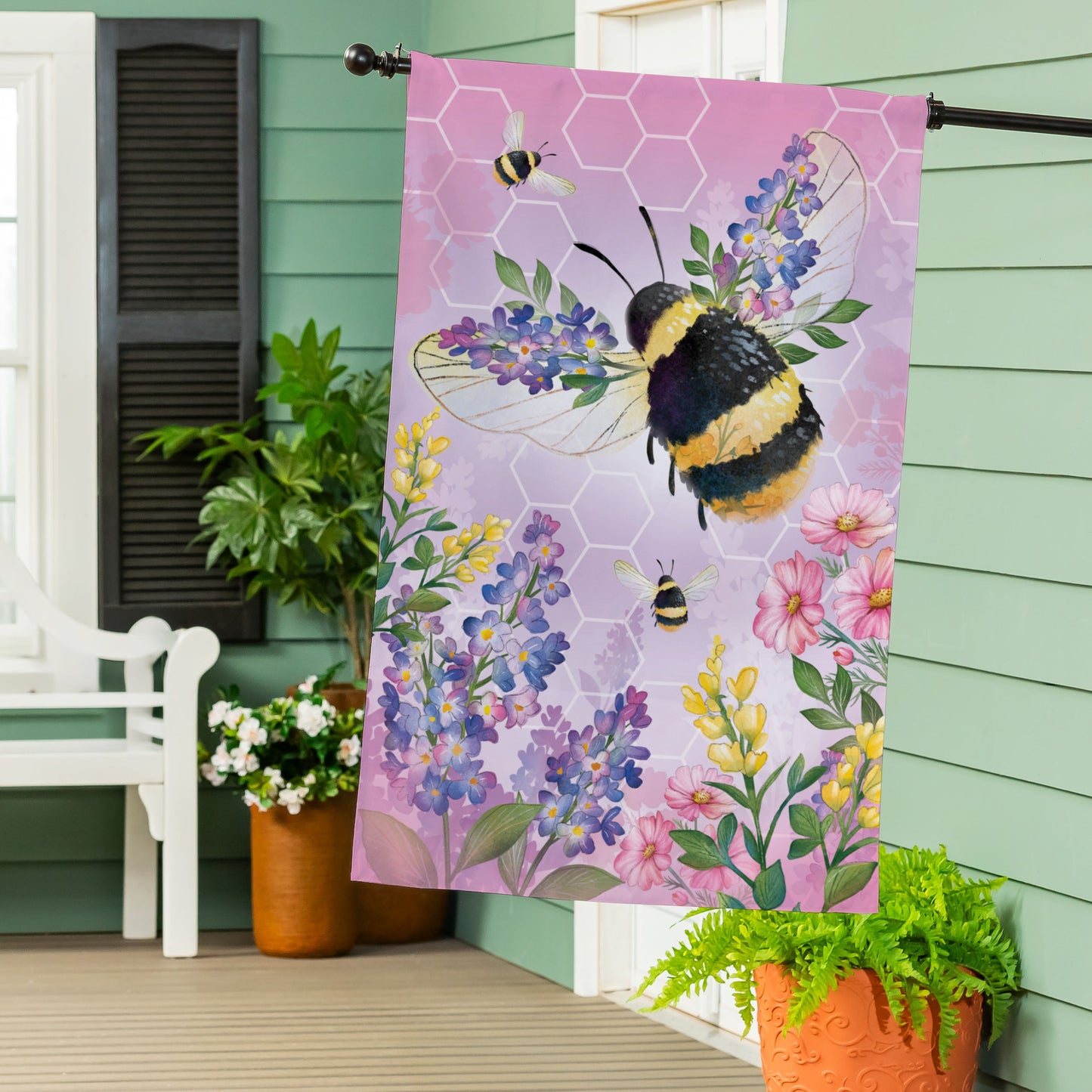 Pollinator Garden Pink Florals Bee Burlap House Flag - Tampa Home & Garden Store