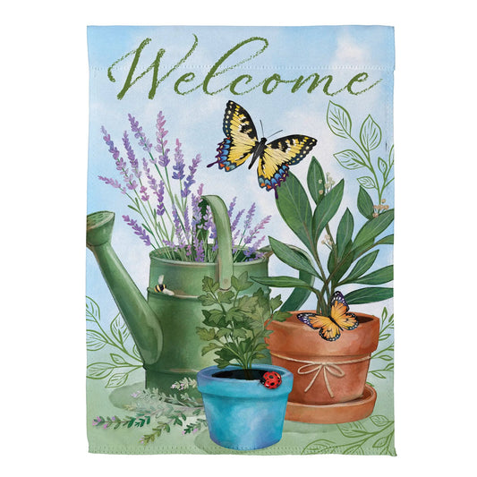 Pollinator Garden Suede House Flag Watering Can with blue sky, lavender, and butterfly on Tampa Home & Garden Store