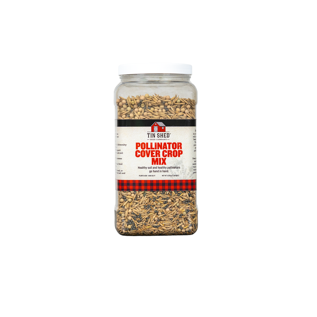 Pollinator Cover Crop Mix seed jar, Tin Shed Seed Company, 5.25 lb covers 4,500–6,000 sq ft on Tampa Home & Garden Store